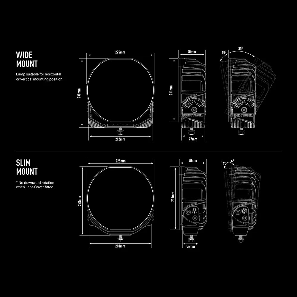 Tekninen mittapiirros 9-tuumaisesta Lazer Sentinel Highline -lisävalosta.