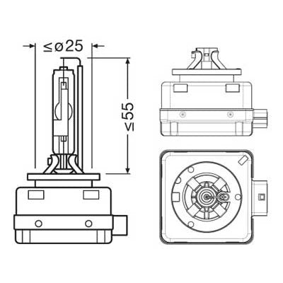 Tekninen mittapiirros Osram Xenarc Original D1R -polttimosta.