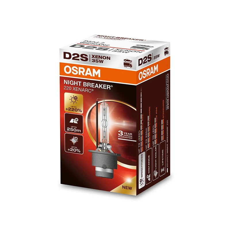 Osram Xenarc Night Breaker Laser D2S -polttimo tuotepakkauksen kanssa kuvattuna valkoista taustaa vasten.