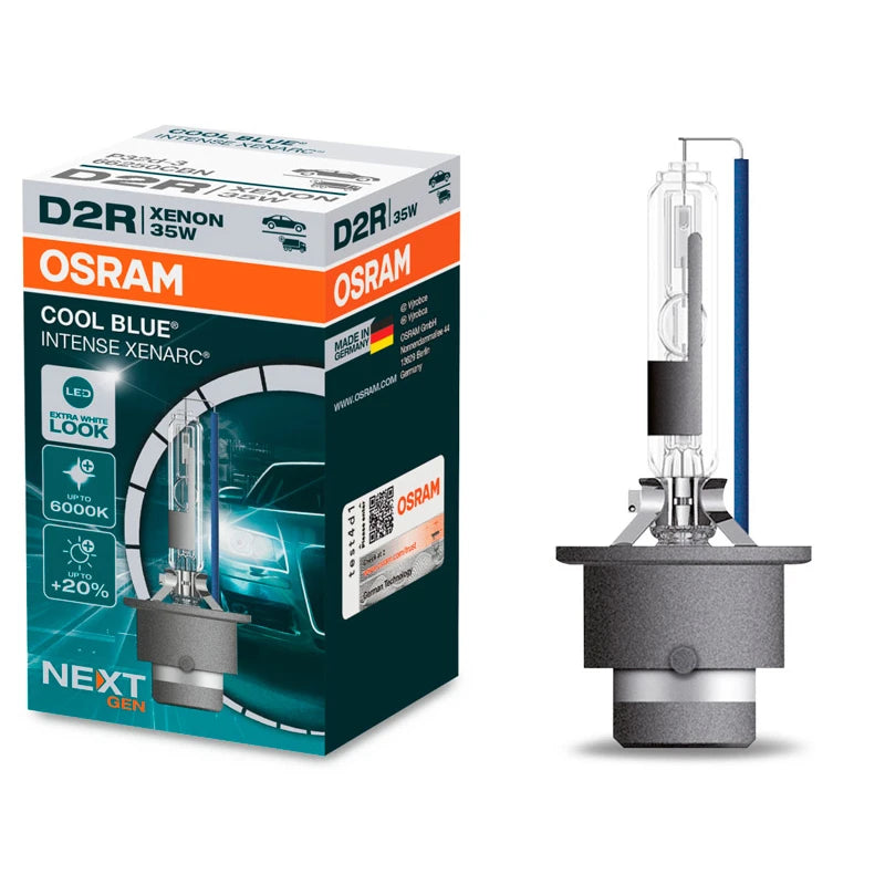 Osram Xenarc Cool Blue Intense Next Gen D2R -polttimo tuotepakkauksen kanssa kuvattuna valkoista taustaa vasten.