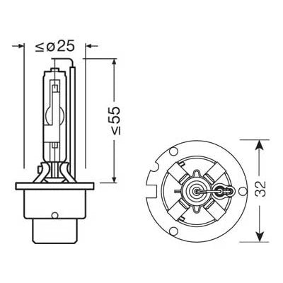 Tekninen mittapiirros Osram Xenarc Original D2R -polttimosta.