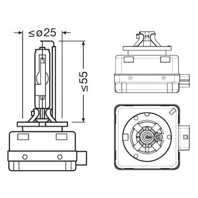 Tekninen mittapiirros Osram Xenarc Original D3S -polttimosta.