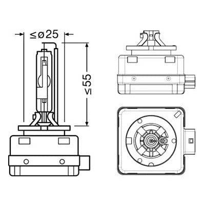 Tekninen mittapiirros Osram Xenarc Original D3R -polttimosta.