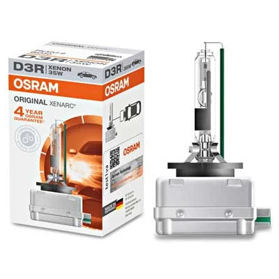 Osram Xenarc Original D3R -polttimo tuotepakkauksen kanssa kuvattuna valkoista taustaa vasten.