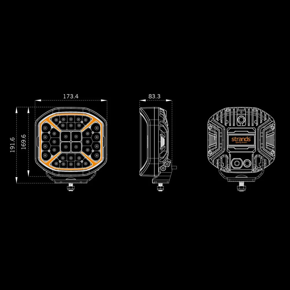 Strands Siberia X 7" lisävalon tekninen mittapiirros edestä, sivusta, sekä takaa mustalal taustalla.