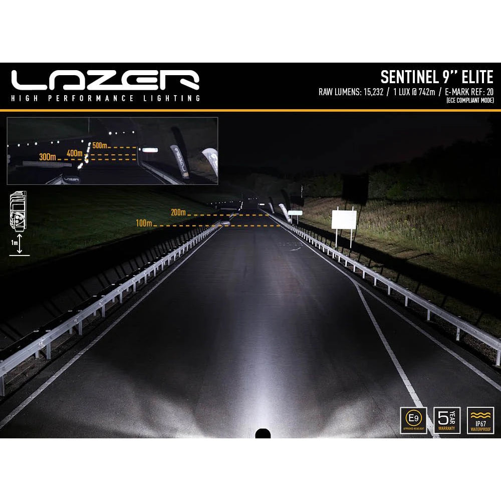 Lazer Sentinel 9 Elite -lisävalon valokeila pimeässä kuvattuna. Kuvassa esitetty valokeilan kantama ja leviäminen sekä muita teknisiä tietoja lisävalosta.