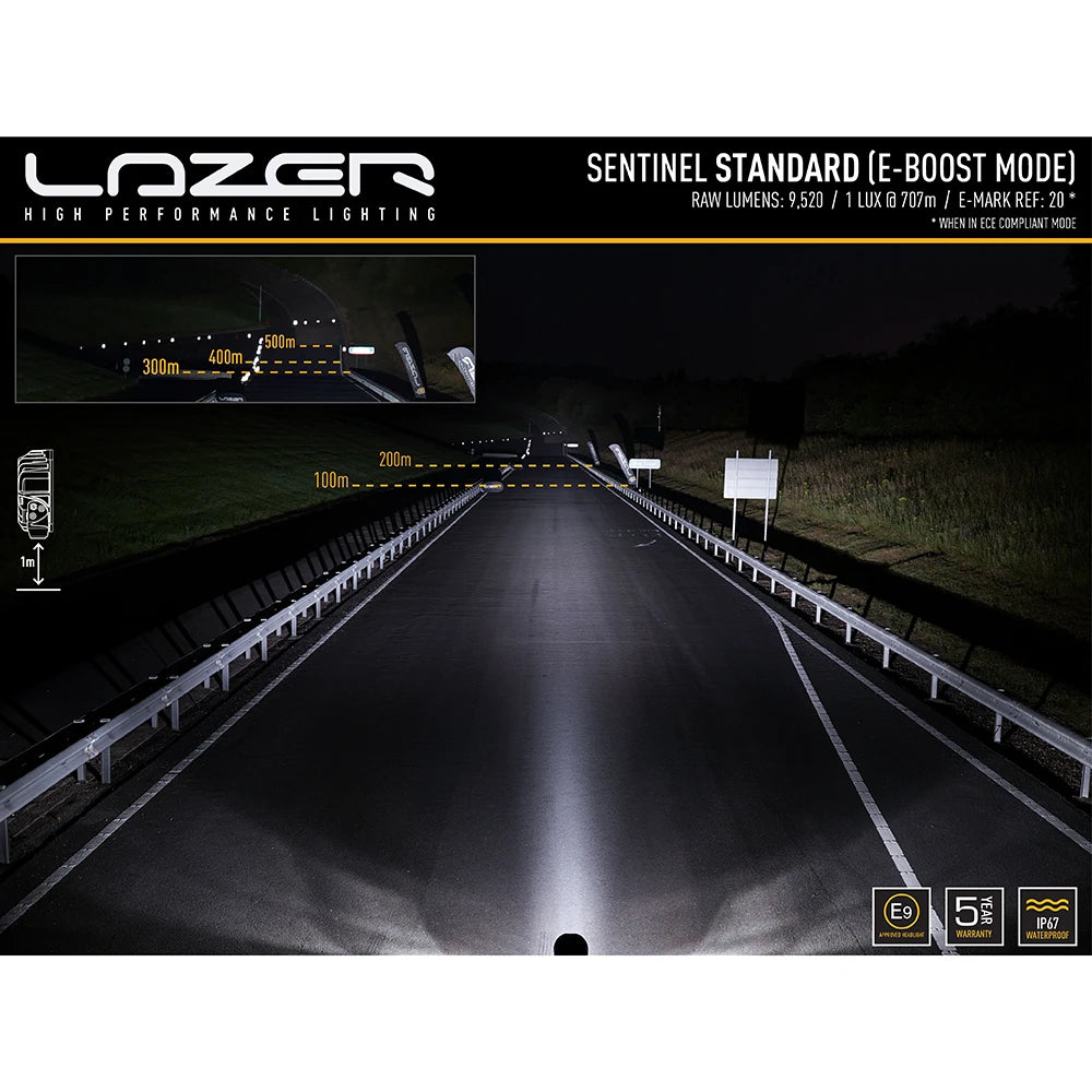 Lazer Sentinel 9 STD -lisävalon valokeila pimeässä kuvattuna.