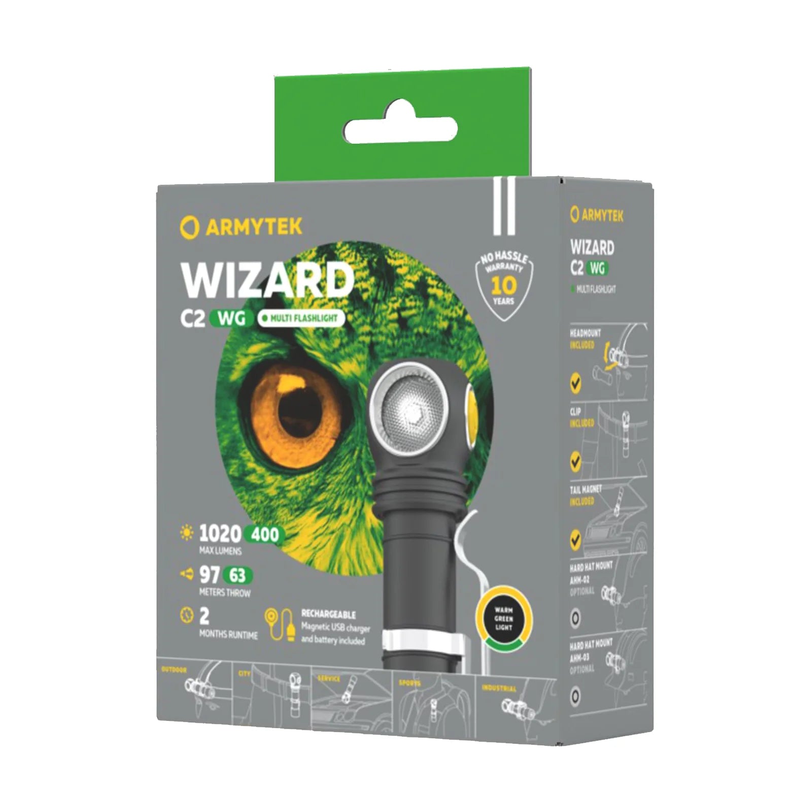 Otsalamppu Armytek Wizard C2 WG Magnet USB Lämmin Sävy & Vihreä 1020 lm