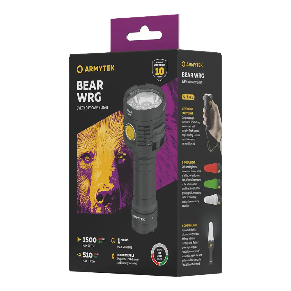 Taskulamppu Armytek Bear WRG Kylmä Sävy, Punainen, Vihreä 1500 lm