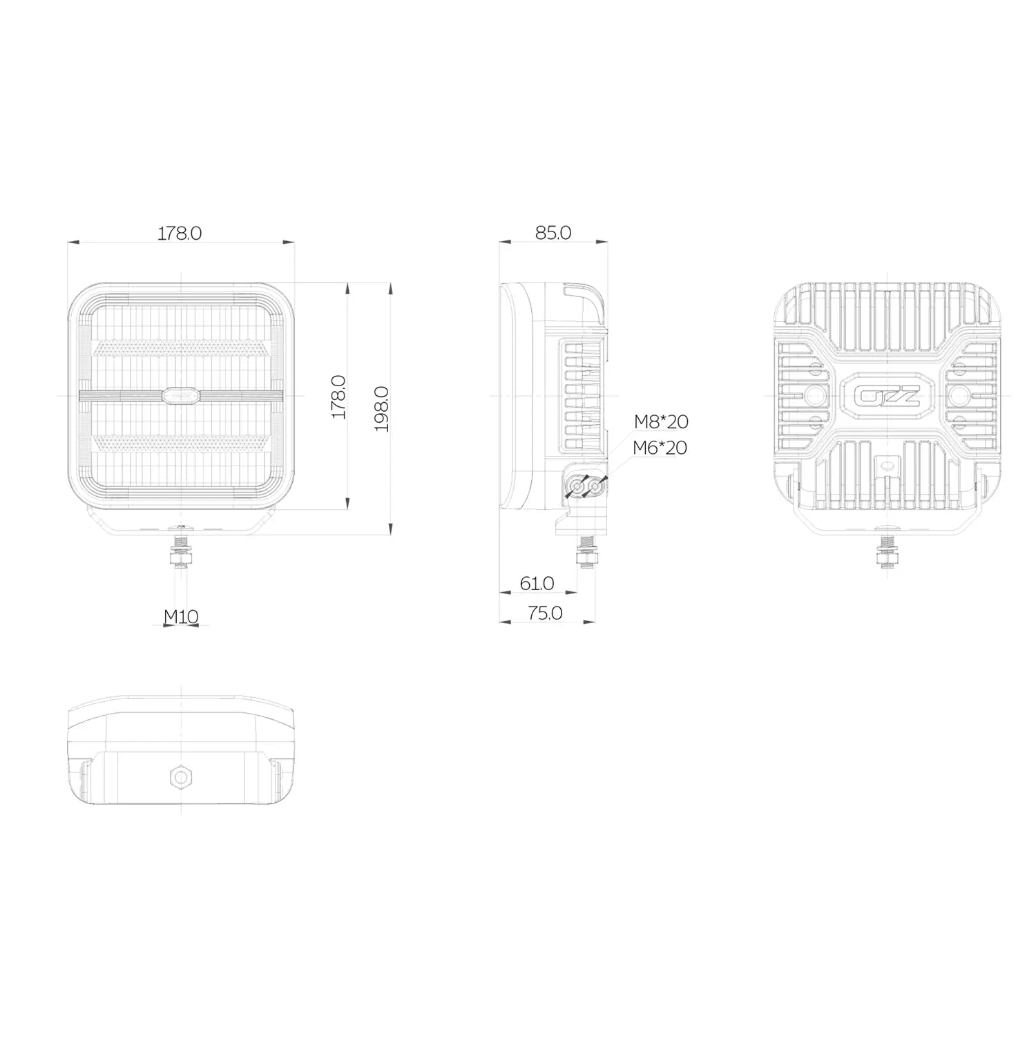 OZZ SQR 7" LED-lisävalo valkoinen runko, parkilla ja R65 varoitusvalolla