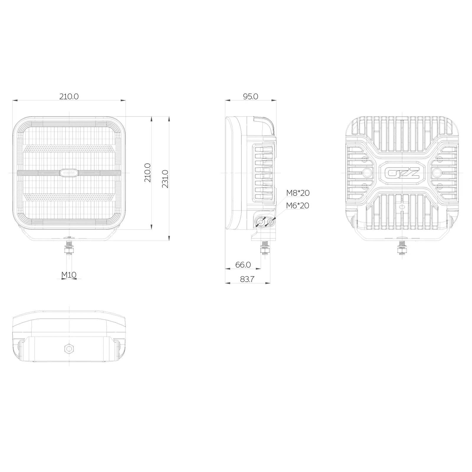 OZZ SQR 9" LED-lisävalo valkoinen runko, parkilla ja R65 varoitusvalolla
