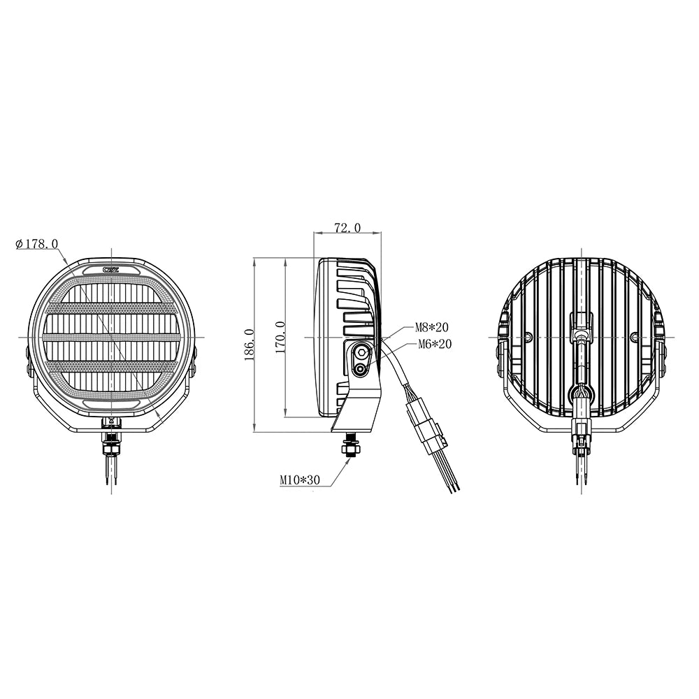 Ozz XR2 P7 – 7" LED-lisävalo, pyöreä, valkoinen, parkkivalolla (Ref. 50)