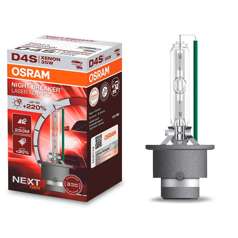 Osram Xenarc Night Breaker Laser Next Gen D4S -polttimo tuotepakkauksen kanssa kuvattuna valkoista taustaa vasten.