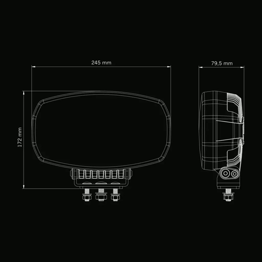 Strands Firefly One Ovalin tekninen mittapiirros mustalla taustalla.