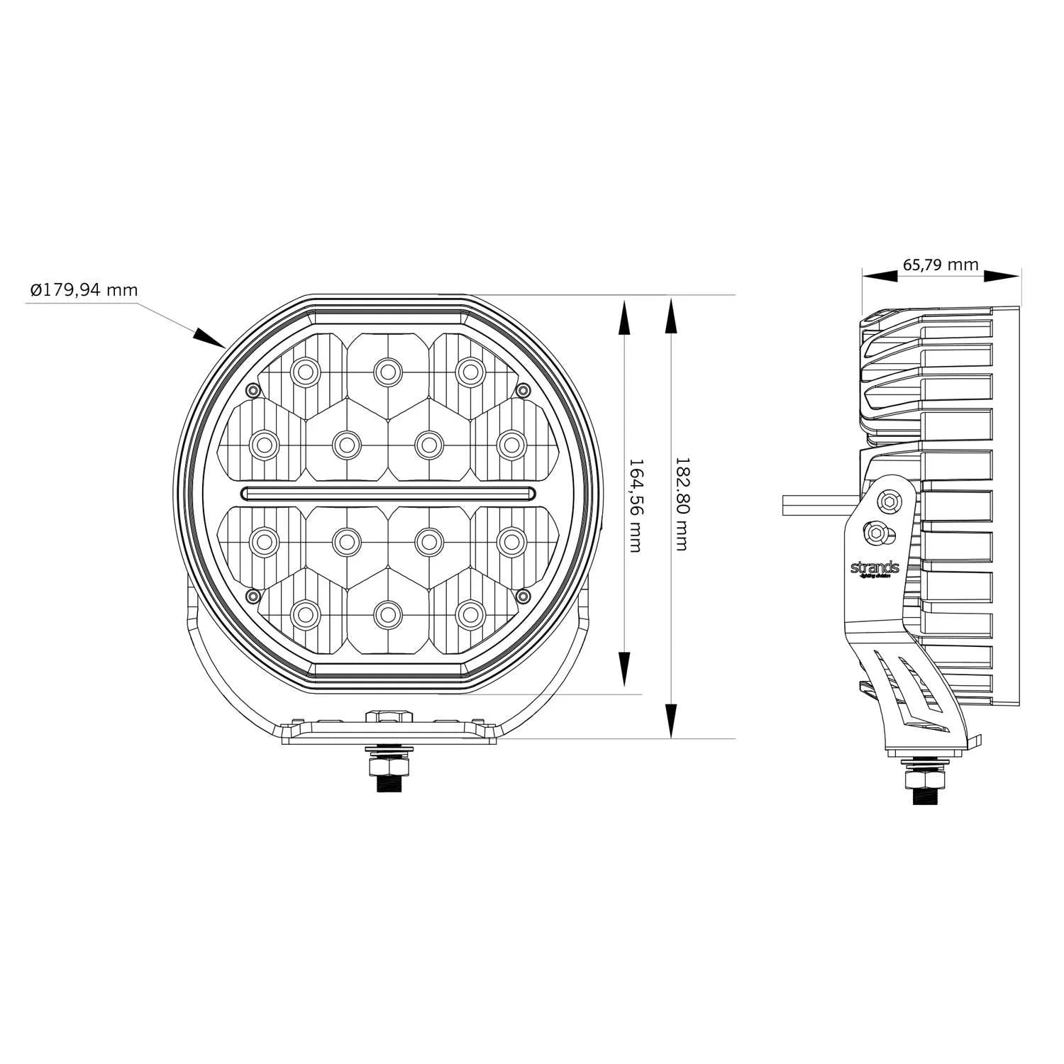 Strands Big Energy 7" pyöreä lisävalon tekninen mittapiirros valkoisella taustalla.