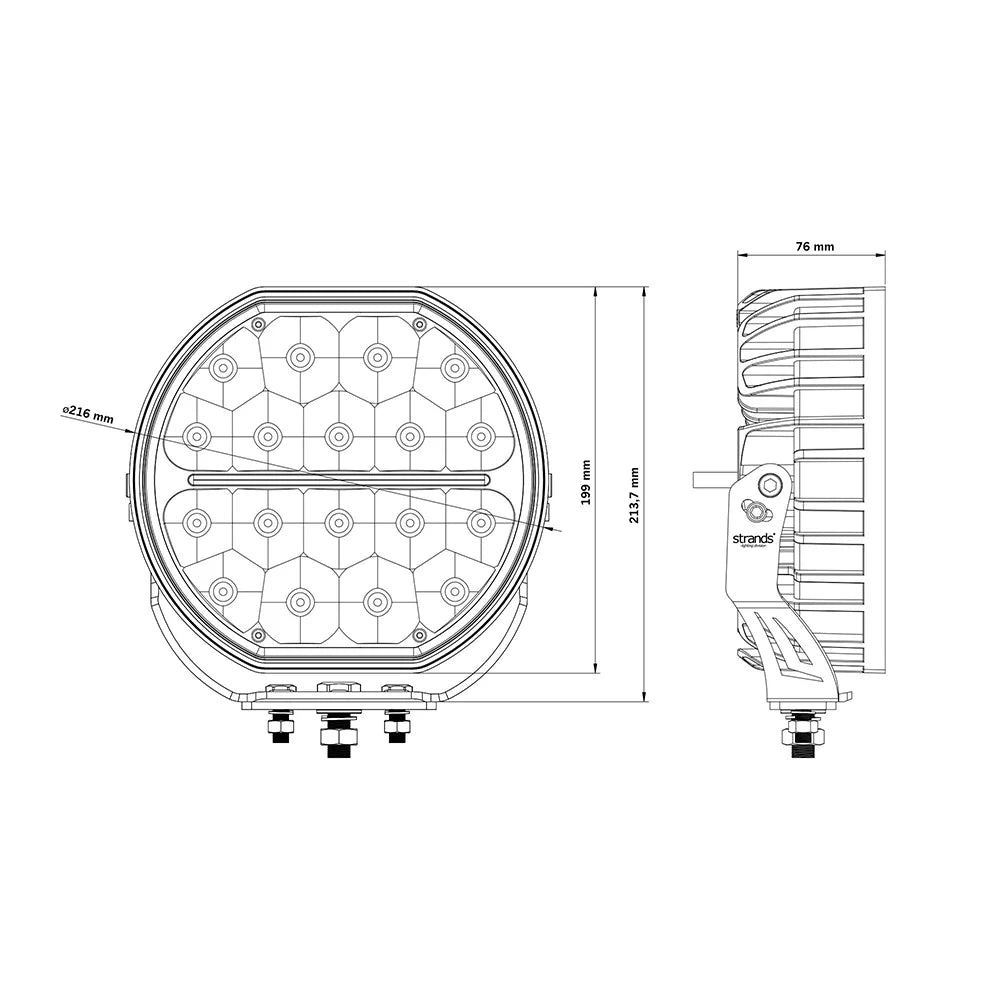 Strands Big Energy 9" pyöreä led lisävalo teknisessä mittapiirroksessa valkoisella taustalla.