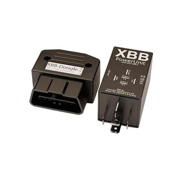 Valkoisella taustalla XBB Dongle ja PowerUnit -kytkentärele lisävaloille.