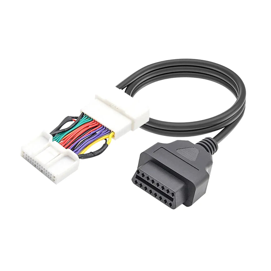 Tesla OBD johtosarja XBB Donglelle kuvattuna valkoista taustaa vasten yläviistosta.