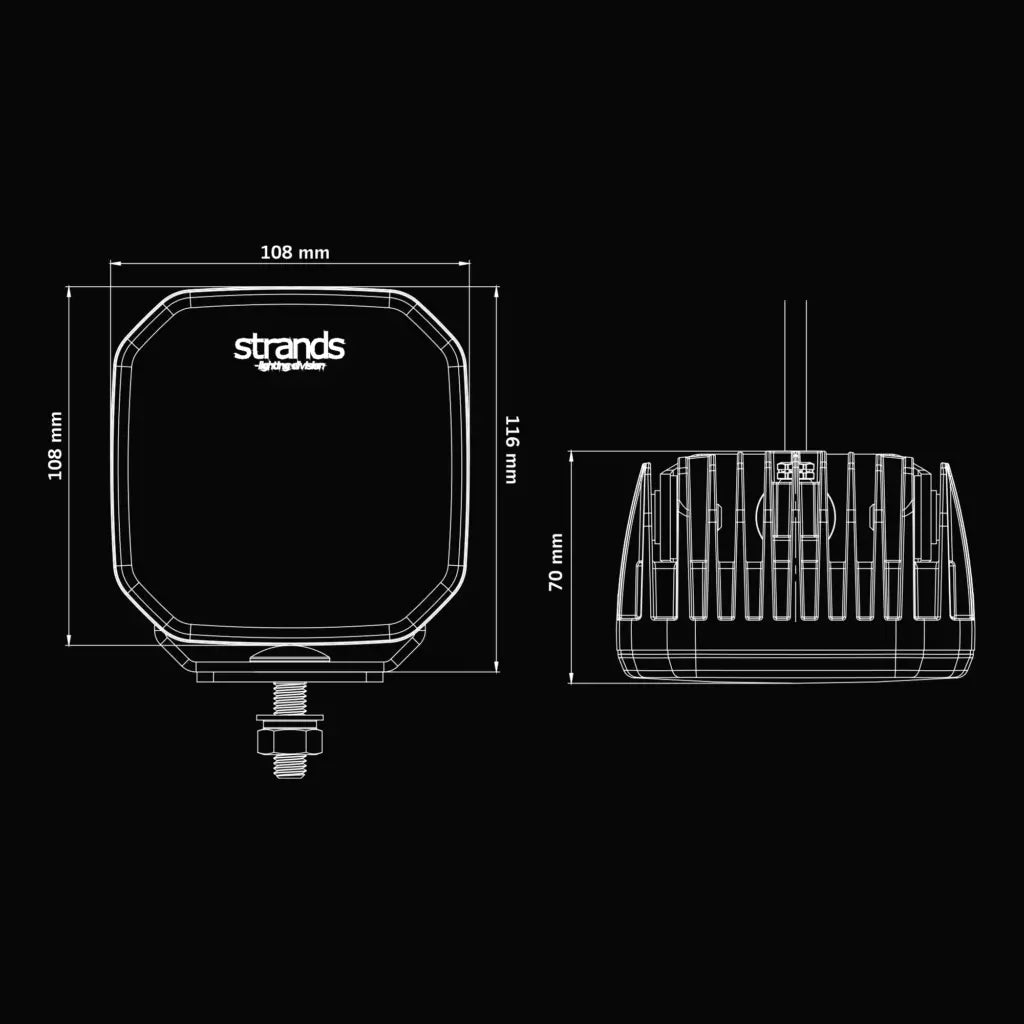 Strands For9t led-työvalon tekninen mittapiirros mustalla taustalla.