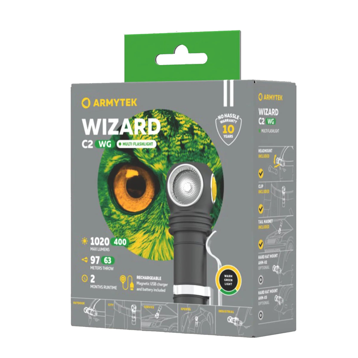 Otsalamppu Armytek Wizard C2 WG Magnet USB Lämmin Sävy & Vihreä 1020 lm
