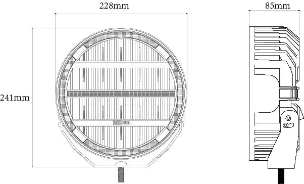 Tekninen mittapiirros BriodLights Olympus 9-tuumaisesta lisävalosta edestä ja sivusta katsottuna. Piirretty valkoiselle taustalle.