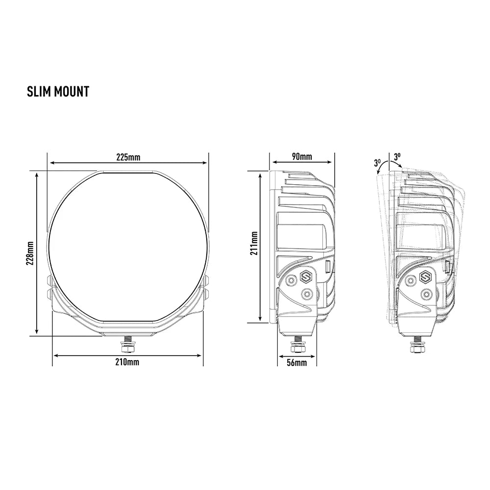 Tekninen mittapiirros Lazer Sentinel Elite 9-tuumaisesta lisävalosta.