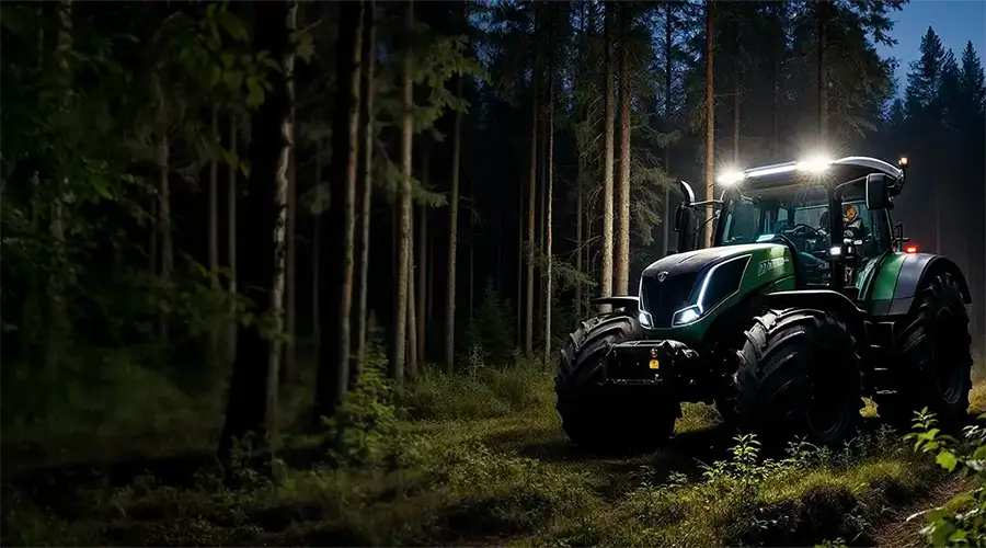 Traktorin merkkikohtaiset led-ajovalot valaisevat tehokkaasti metsässä uudessa Valtra traktorissa.
