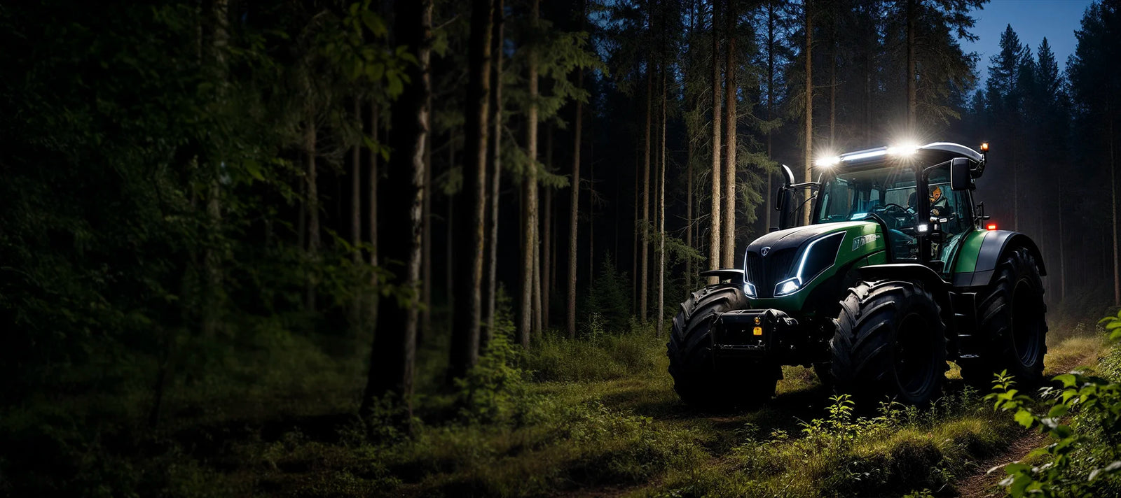 Laadukkaat merkki- ja mallikohtaiset traktorien työ- ja ajovalot jotka on asennettu uuteen traktoriin, joka työskentelee pimeässä metsässä.