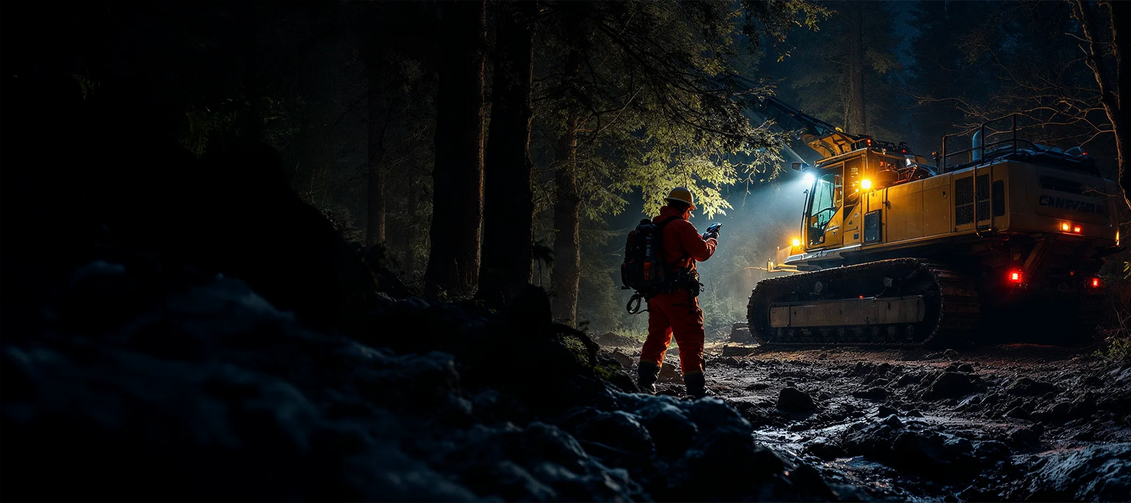 Kirkkaat työvalot työkoneessa, joka työskentelee pimeässä metsässä.