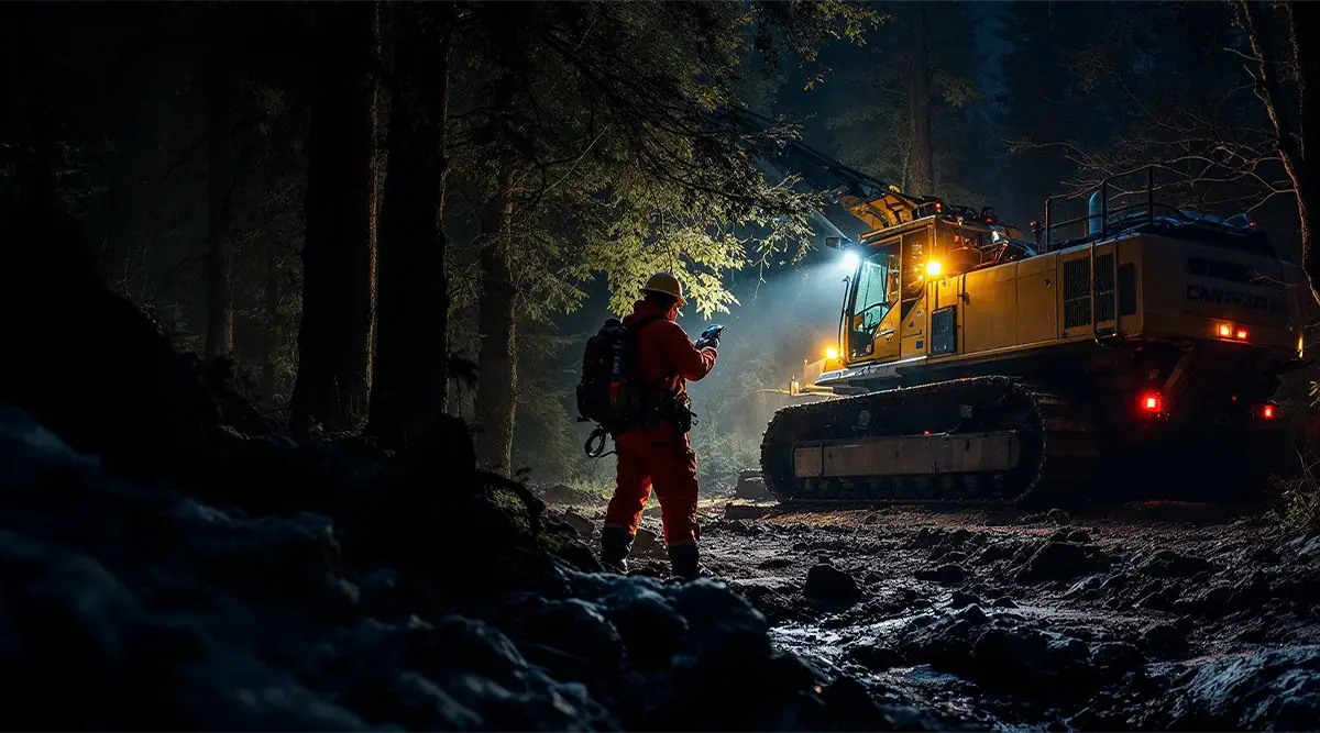 Kirkkaat työvalot työkoneessa, joka työskentelee pimeässä metsässä.