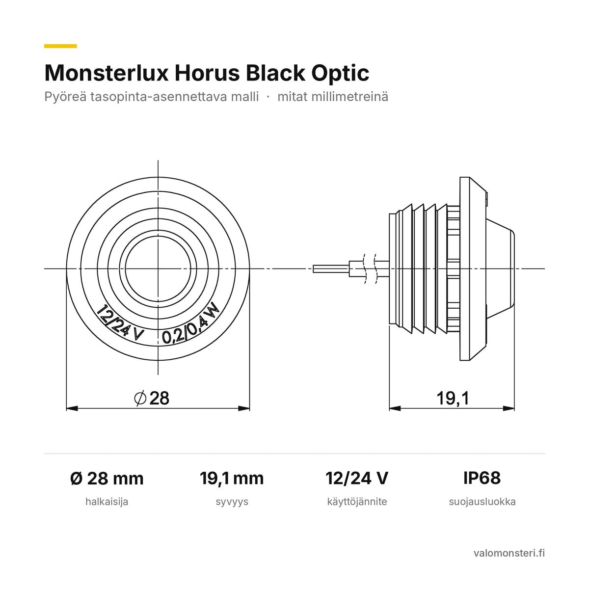Monsterlux Horus LED-äärivalo, keltainen, tasopintaan