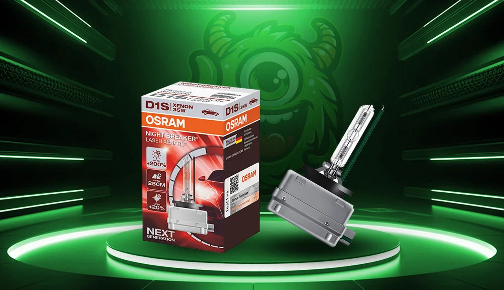 Osram D1s xenon polttimo vihreällä Valomonsteri taustalla. tyylikkäässä studioympäristössä, ossa valaistu vihreä koroke.